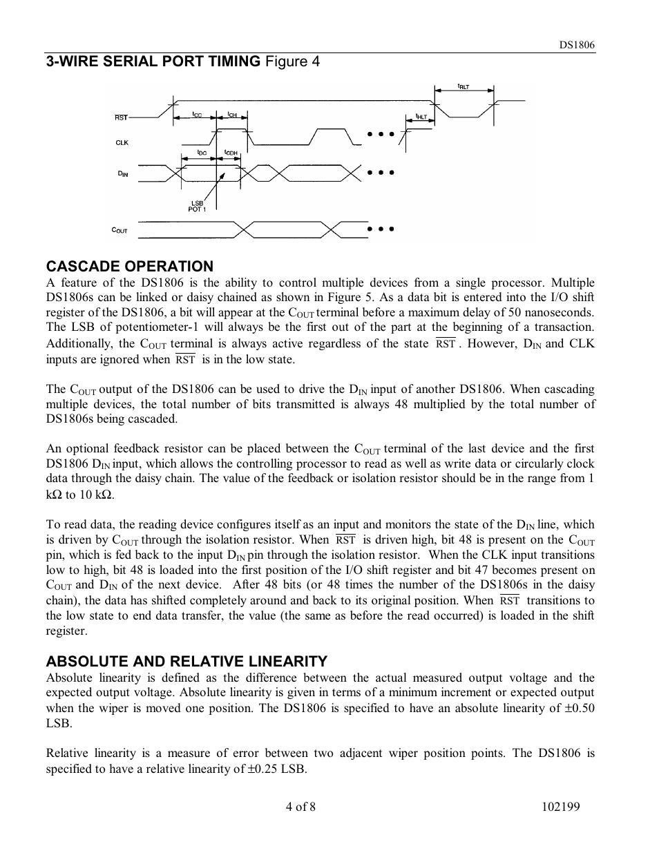 Wire serial port timing figure 4 cascade operation, Absolute and relative linearity | Rainbow Electronics DS1806 User Manual | Page 4 / 8