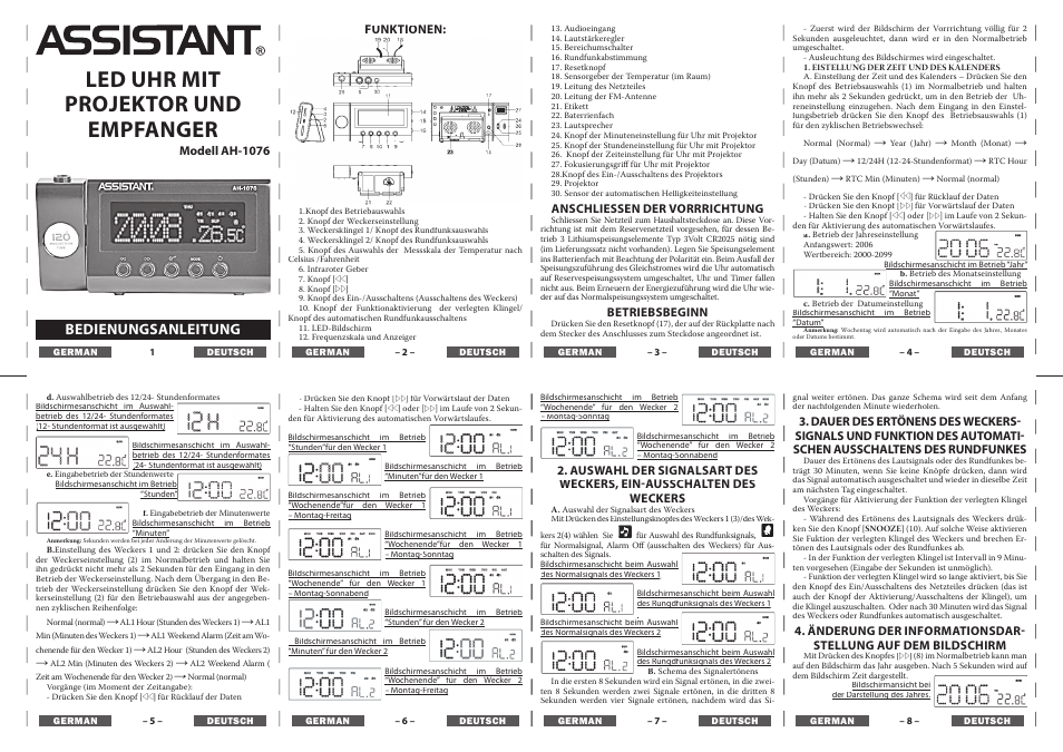 Led uhr mit projektor und empfanger, Bedienungsanleitung | ASSISTANT AH-1076 User Manual | Page 7 / 8