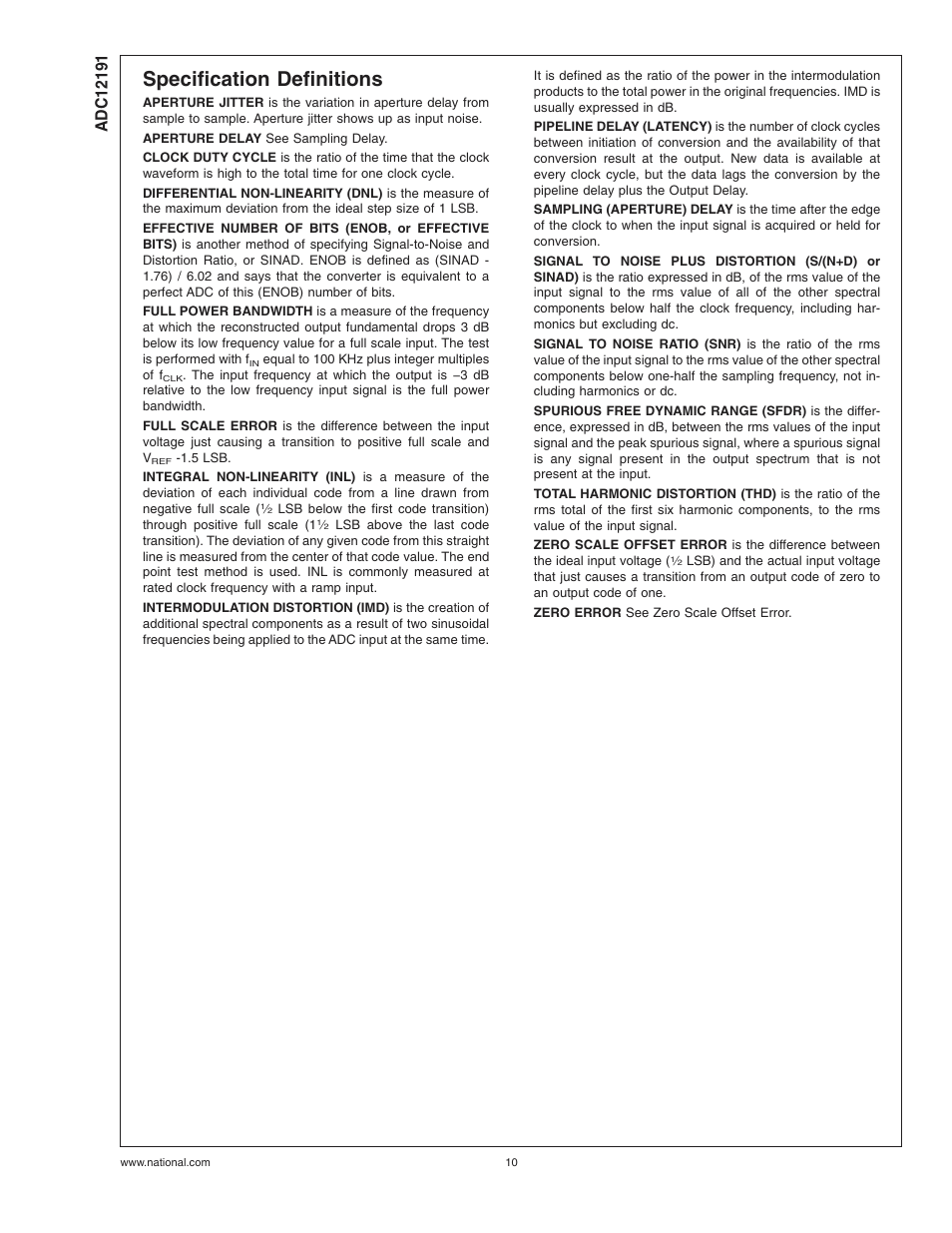 Specification definitions | Rainbow Electronics ADC12191 User Manual | Page 10 / 17
