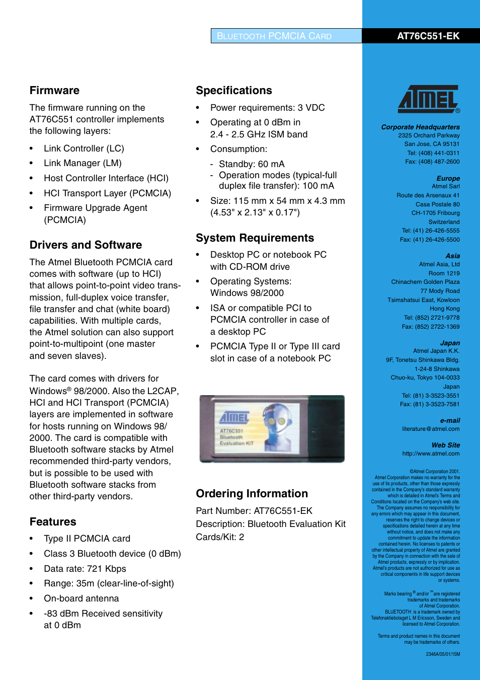 Firmware, Drivers and software, Features | Specifications, System requirements, Ordering information, Pcmcia c | Rainbow Electronics AT76C551-EK User Manual | Page 2 / 2