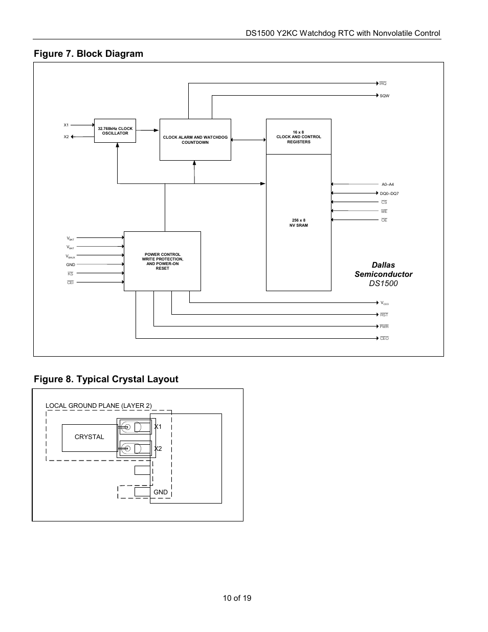 Figure 7. block diagram, Figure 8. typical crystal layout, 10 of 19 | Dallas semiconductor ds1500 | Rainbow Electronics DS1500 User Manual | Page 10 / 19