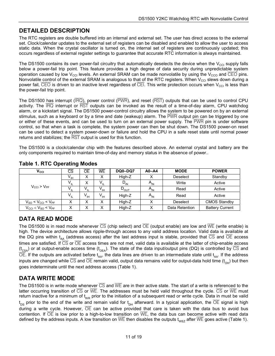 Detailed description, Data read mode, Data write mode | Table 1. rtc operating modes | Rainbow Electronics DS1500 User Manual | Page 11 / 19