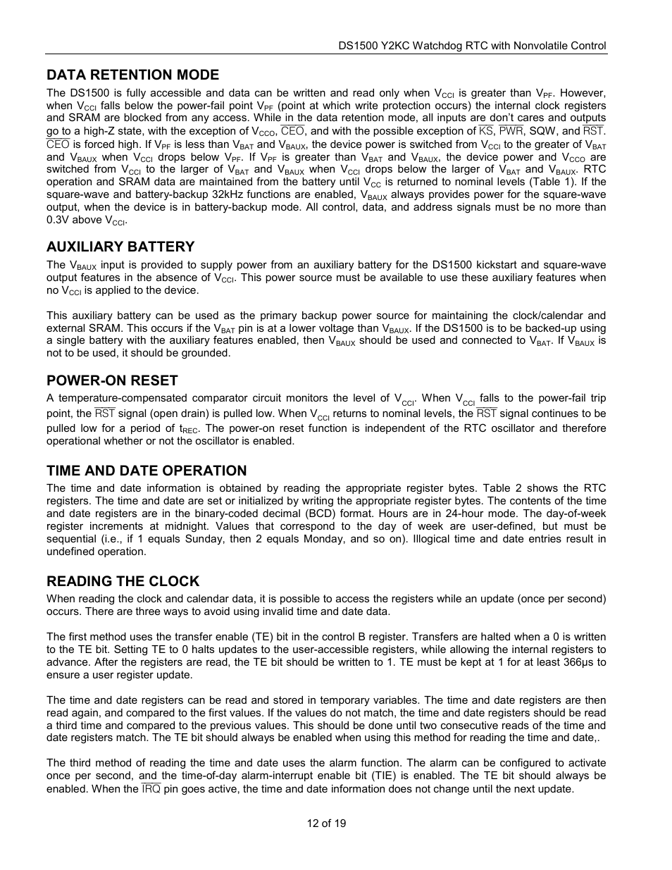 Data retention mode, Auxiliary battery, Power-on reset | Time and date operation, Reading the clock | Rainbow Electronics DS1500 User Manual | Page 12 / 19