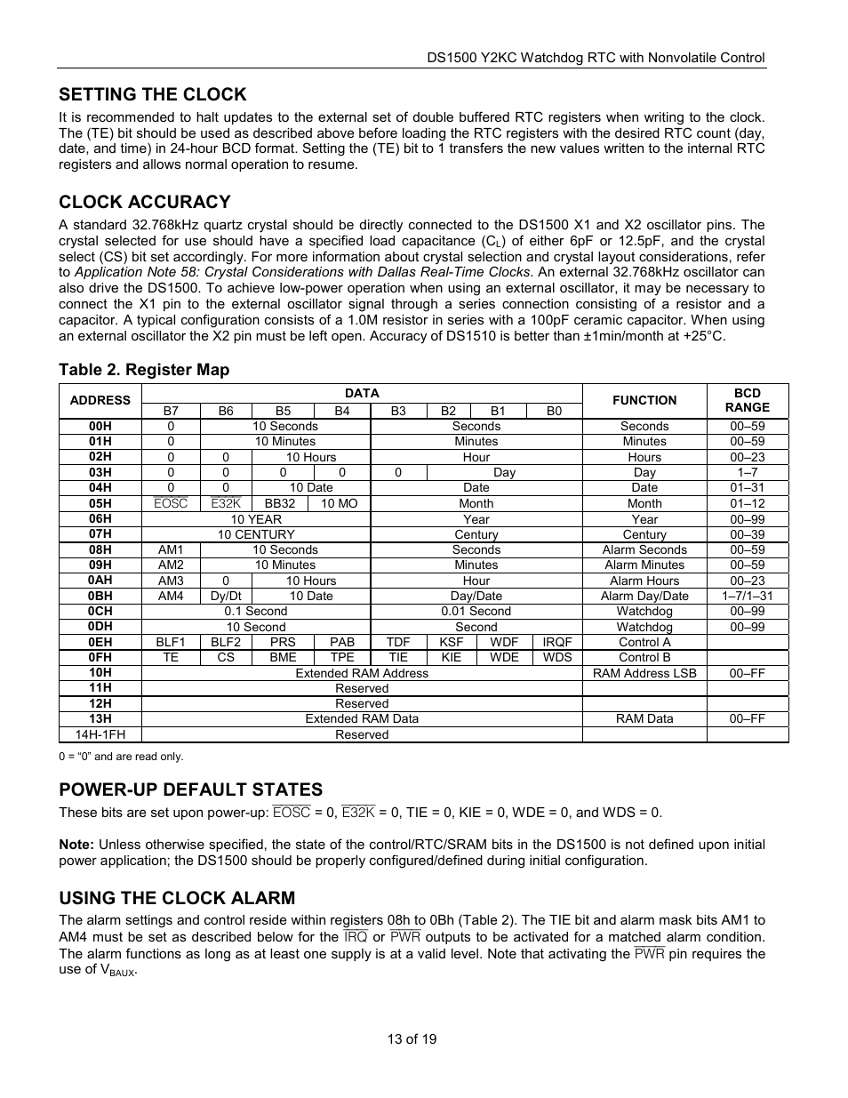 Setting the clock, Clock accuracy, Power-up default states | Using the clock alarm, Table 2. register map | Rainbow Electronics DS1500 User Manual | Page 13 / 19