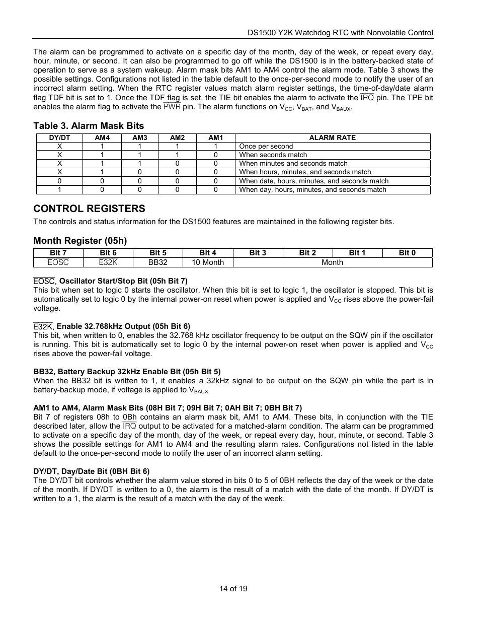 Control registers, Table 3. alarm mask bits, Month register (05h) | Rainbow Electronics DS1500 User Manual | Page 14 / 19