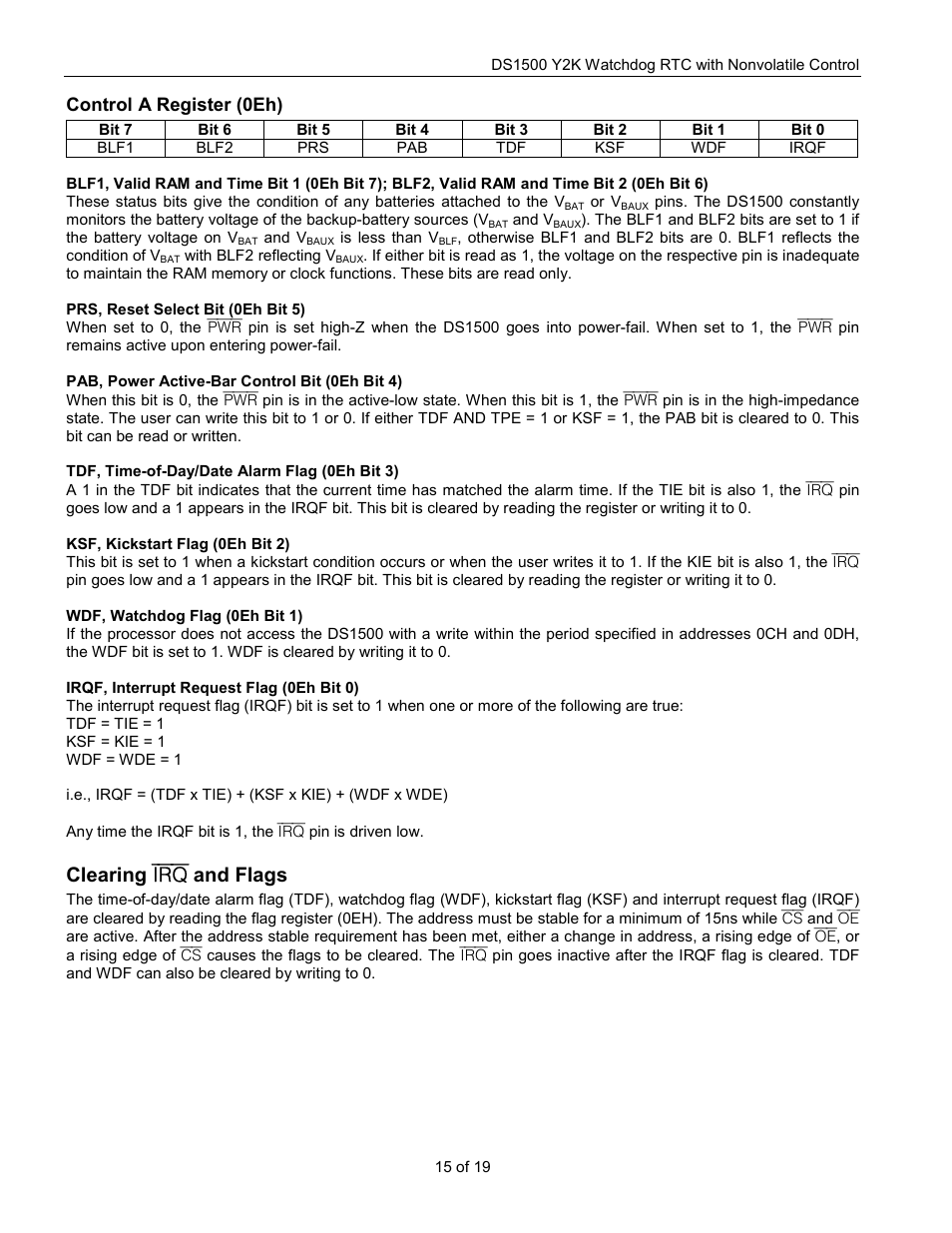 Clearing irq and flags, Control a register (0eh) | Rainbow Electronics DS1500 User Manual | Page 15 / 19