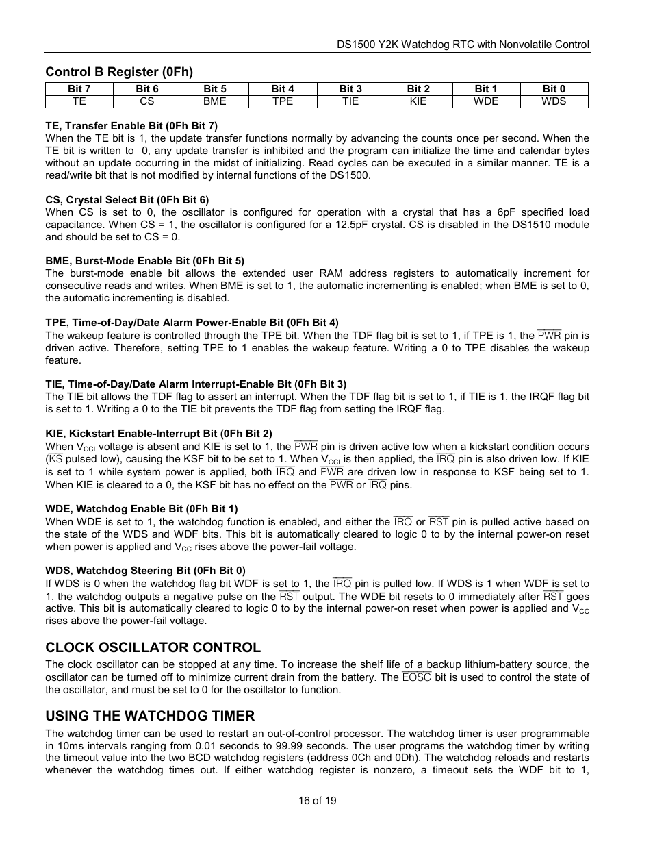 Clock oscillator control, Using the watchdog timer | Rainbow Electronics DS1500 User Manual | Page 16 / 19