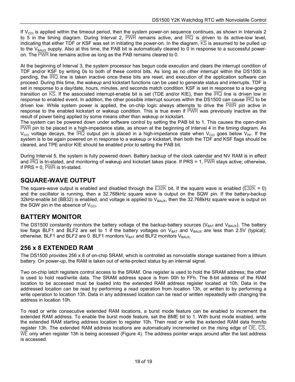 Square-wave output, Battery monitor, 256 x 8 extended ram | Rainbow Electronics DS1500 User Manual | Page 18 / 19