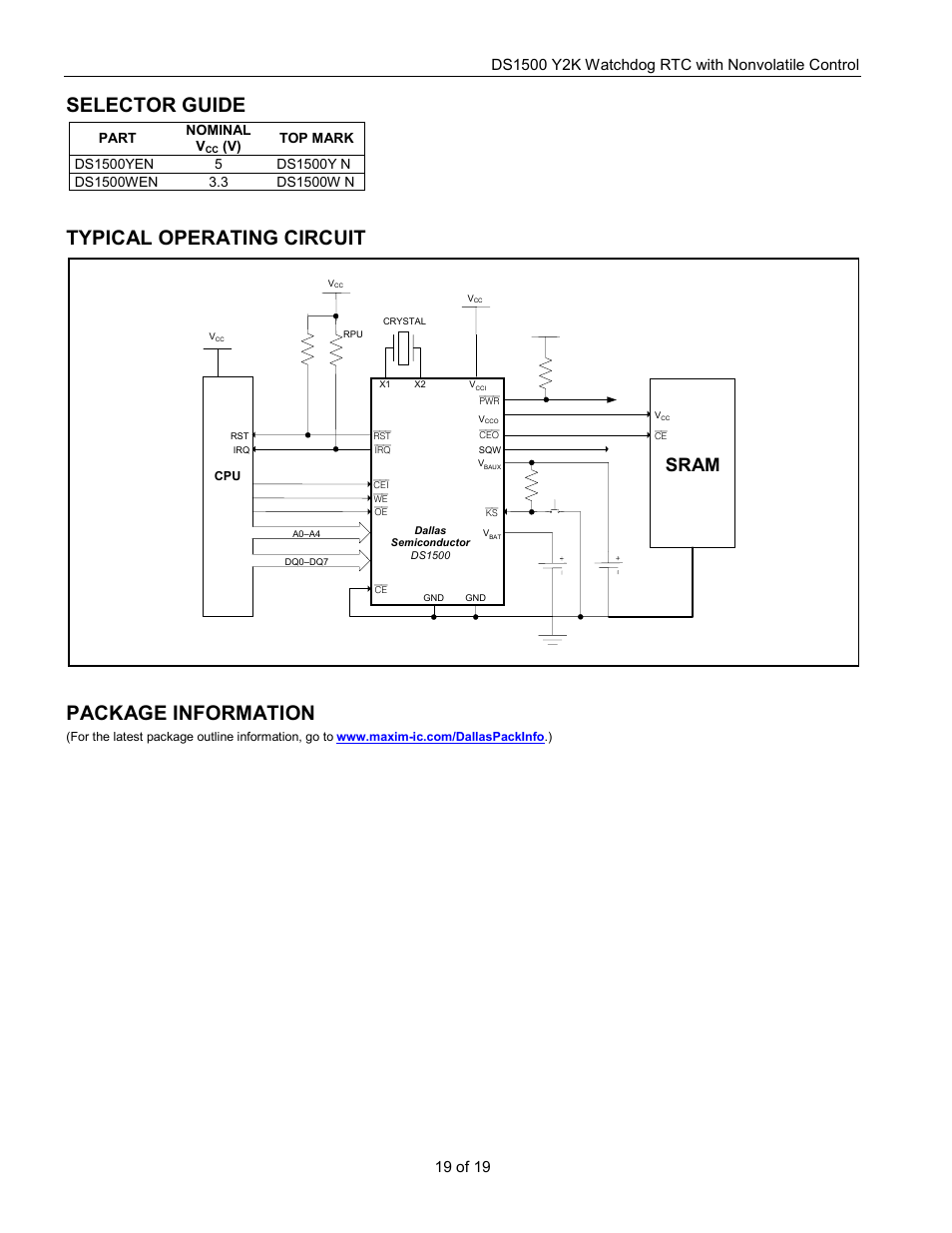 Selector guide, Typical operating circuit, Package information | Sram | Rainbow Electronics DS1500 User Manual | Page 19 / 19
