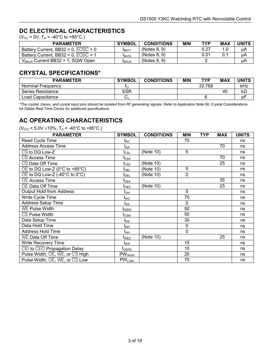 Dc electrical characteristics, Crystal specifications, Ac operating characteristics | Rainbow Electronics DS1500 User Manual | Page 3 / 19