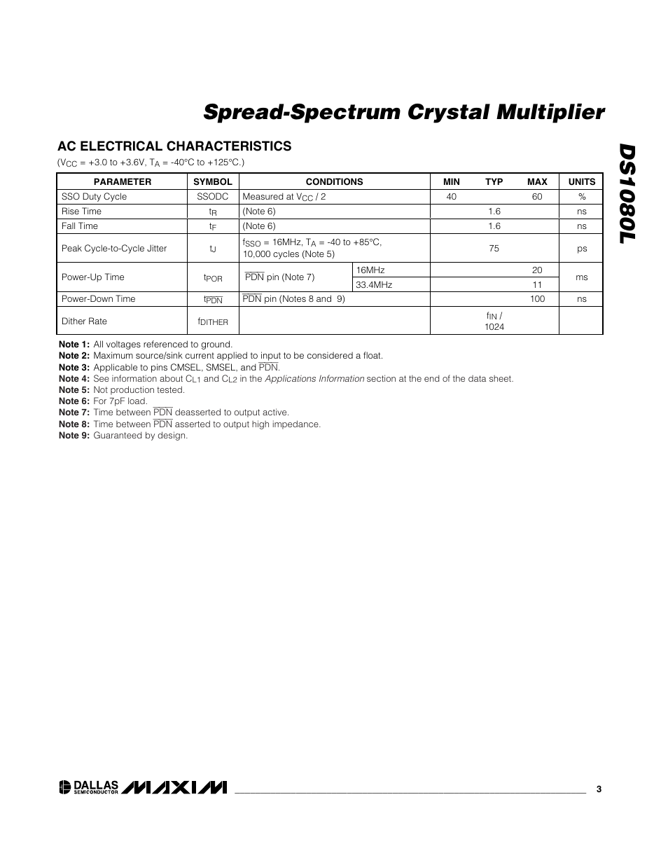Ds1080l spread-spectrum crystal multiplier, Ac electrical characteristics | Rainbow Electronics DS1080L User Manual | Page 3 / 8