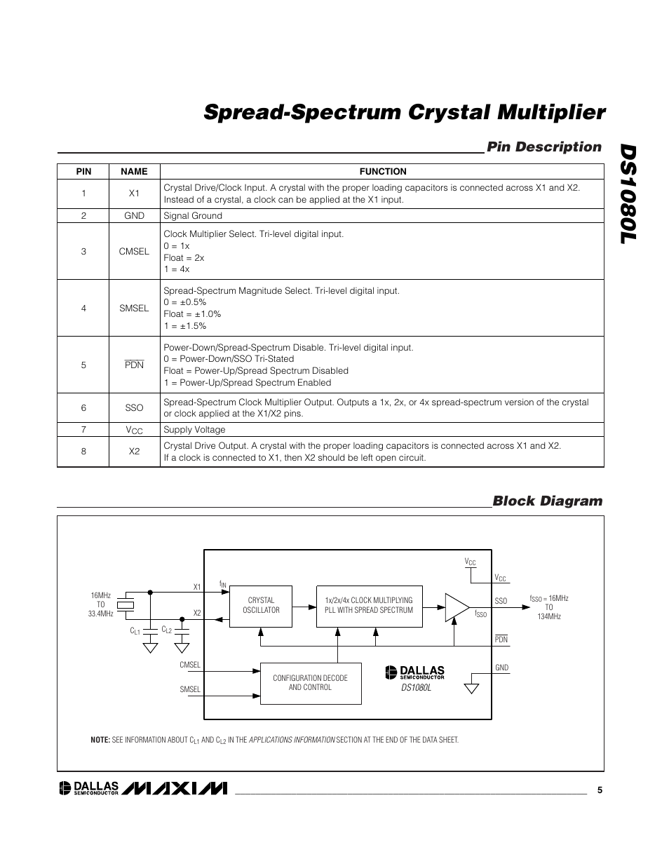 Ds1080l spread-spectrum crystal multiplier, Block diagram pin description | Rainbow Electronics DS1080L User Manual | Page 5 / 8
