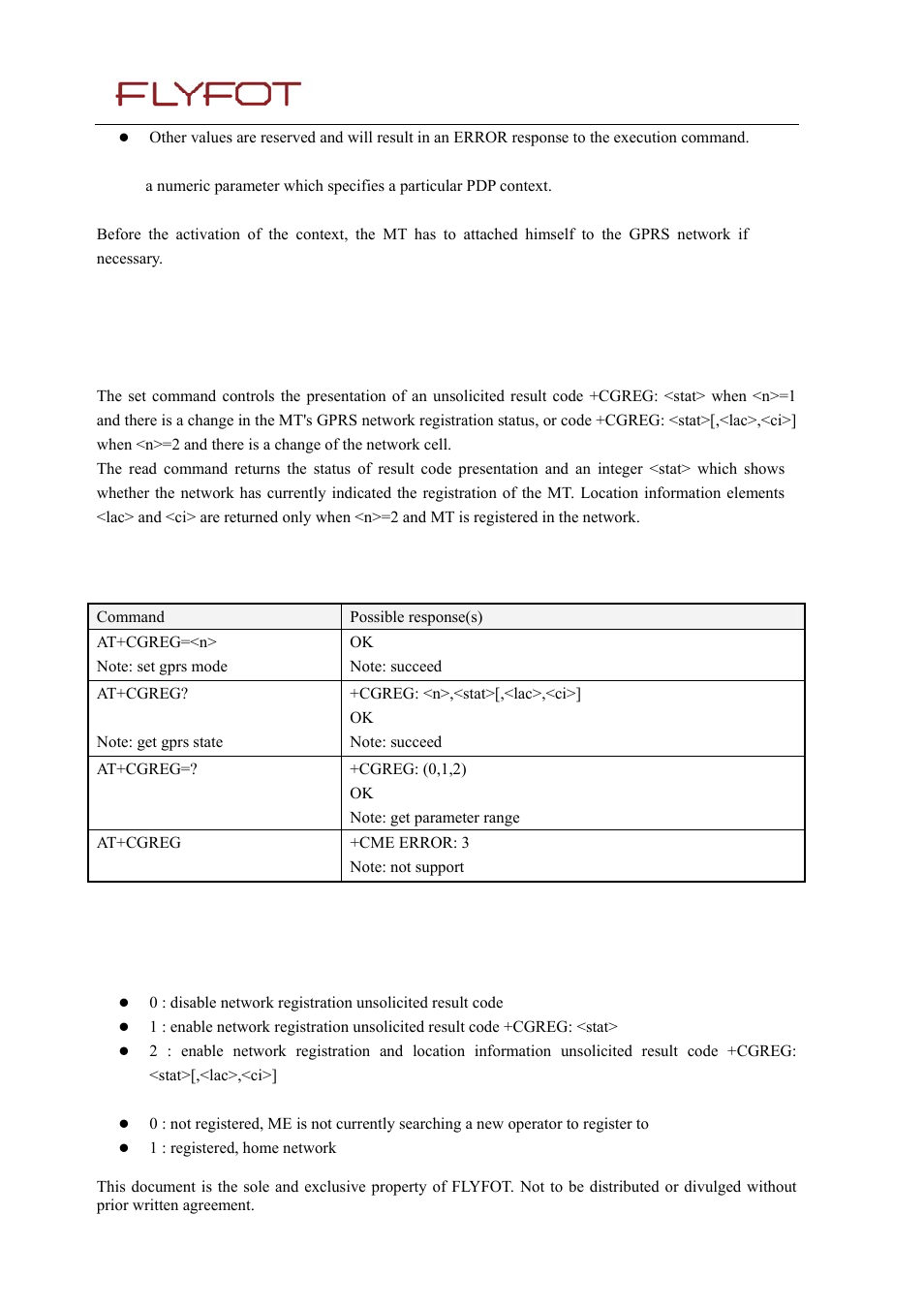 4 gprs network registration status +cgreg, 1 description, 2 syntax | 3 defined values, Gprs network registration status +cgreg | Rainbow Electronics 900 User Manual | Page 124 / 239