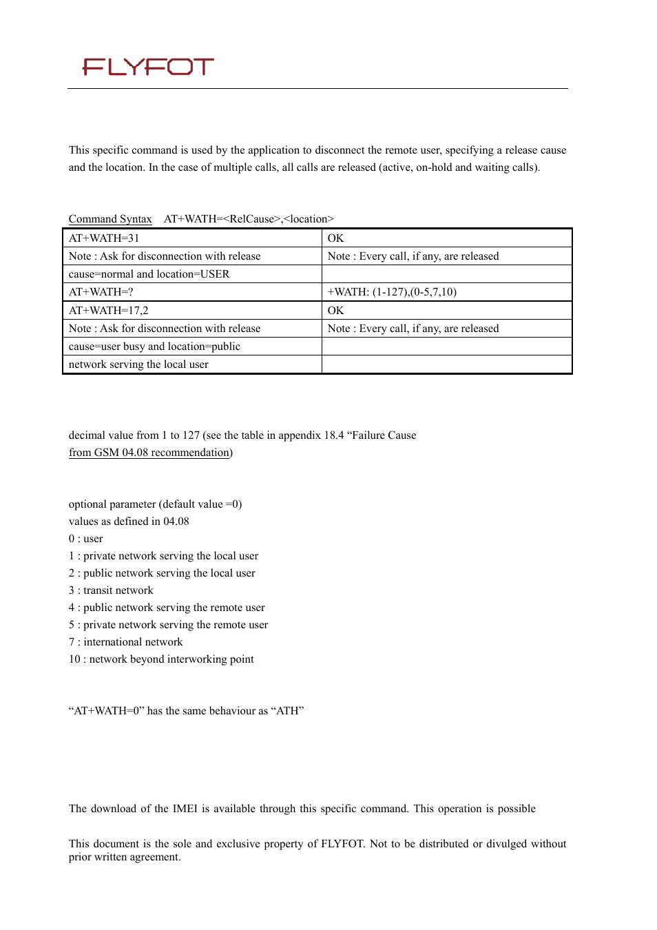 47 flyfot hang-up +wath, 1 description, 2 syntax | 3 defined values, 48 write imei +wimei, 47 flyfot, Hang-up, Wath, Write imei +wimei | Rainbow Electronics 900 User Manual | Page 224 / 239