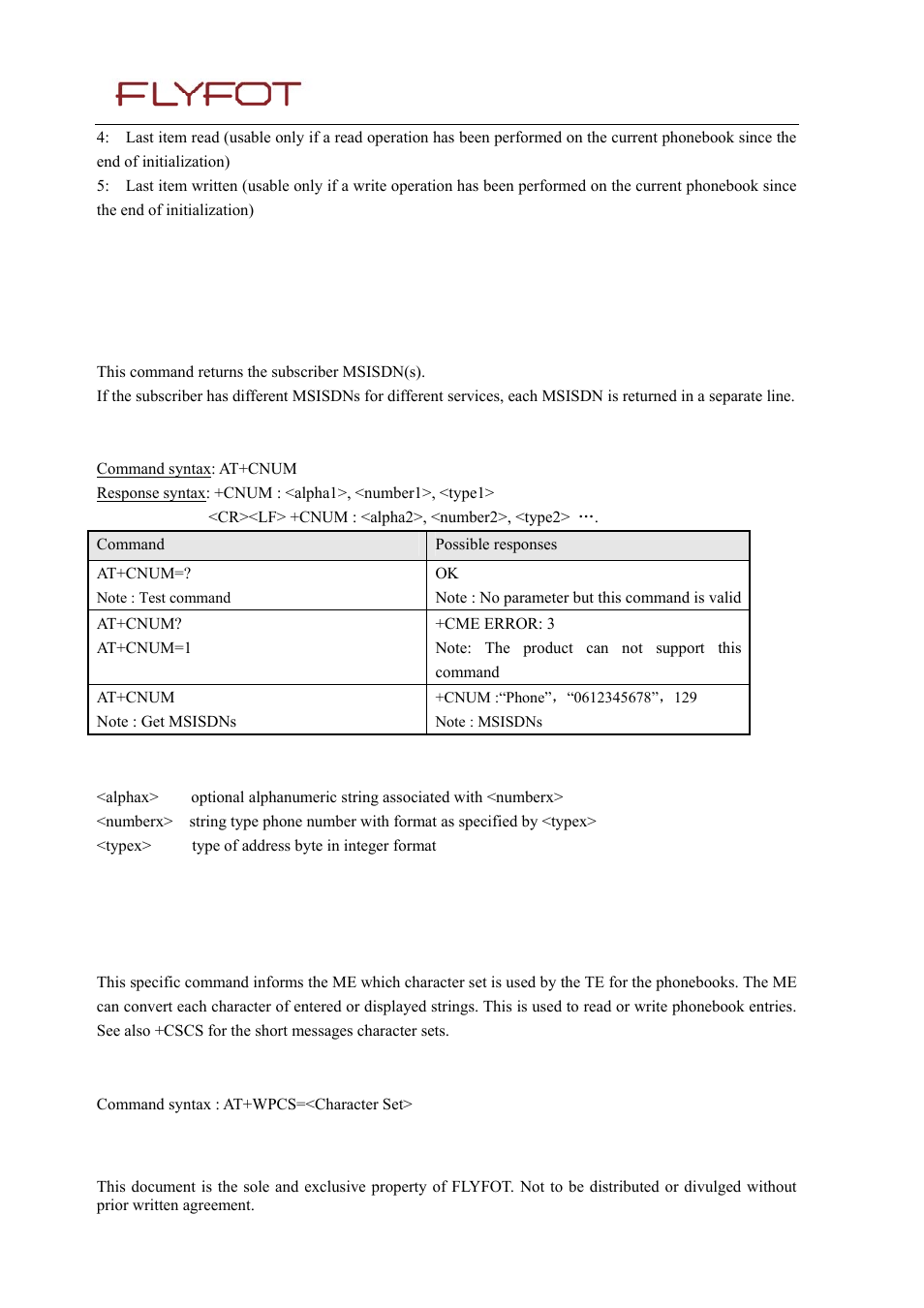 7 subscriber number +cnum, 1 description, 2 syntax | 3 defined values, 8 flyfot phonebook character set +wpcs, 7 subscriber number +cnum 8.8, Flyfot phonebook character set +wpcs | Rainbow Electronics 900 User Manual | Page 68 / 239