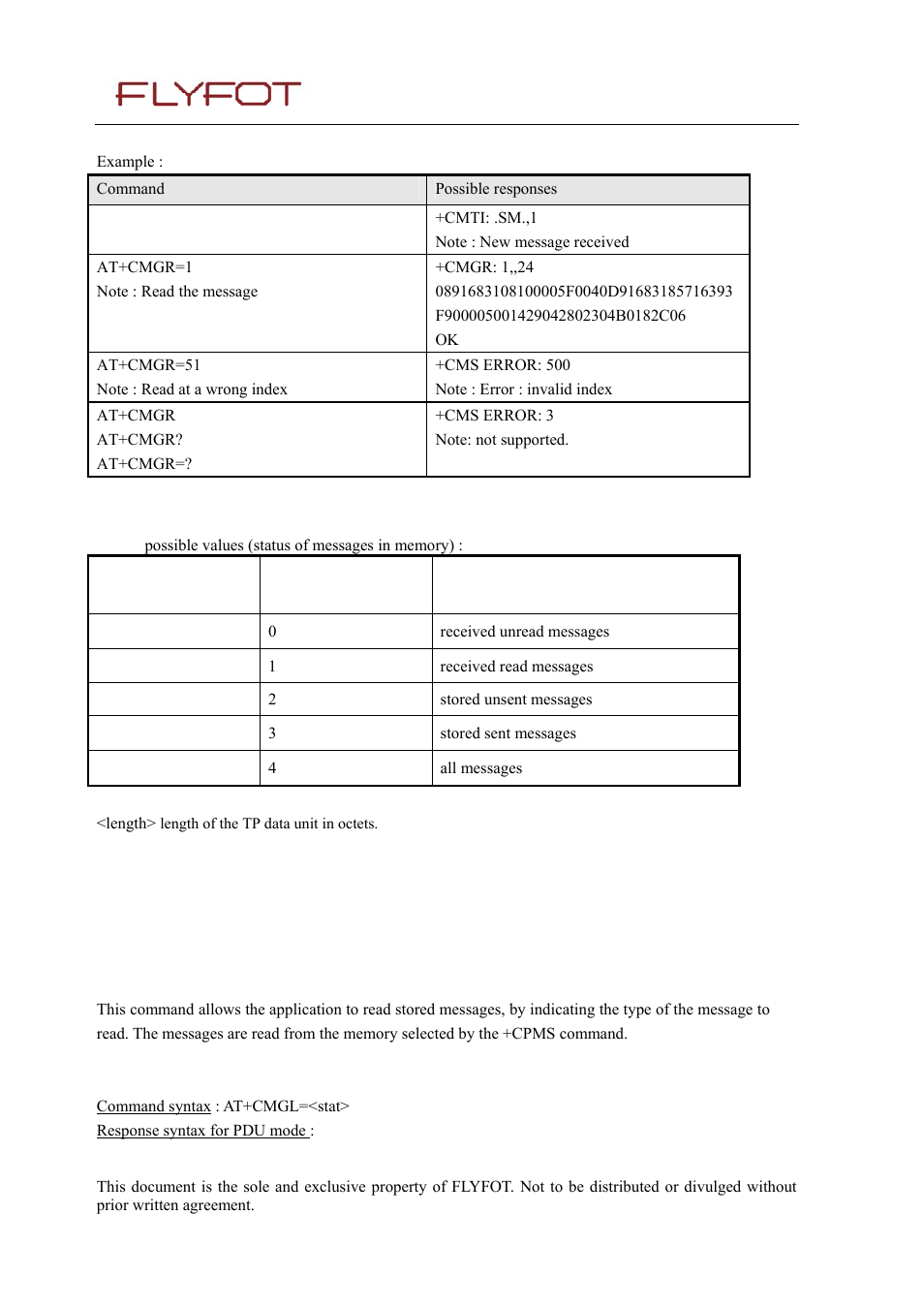 3 defined values, 8 list message +cmgl, 1 description | 2 syntax, 8 list, Message, Cmgl | Rainbow Electronics 900 User Manual | Page 76 / 239