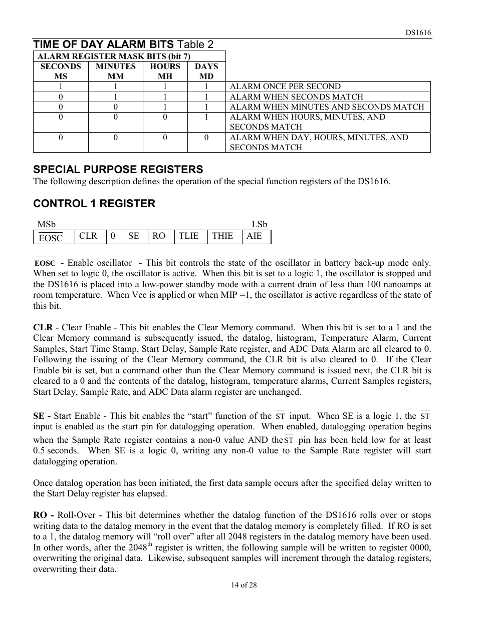 Time of day alarm bits table 2, Special purpose registers, Control 1 register | Rainbow Electronics DS1616 User Manual | Page 14 / 28