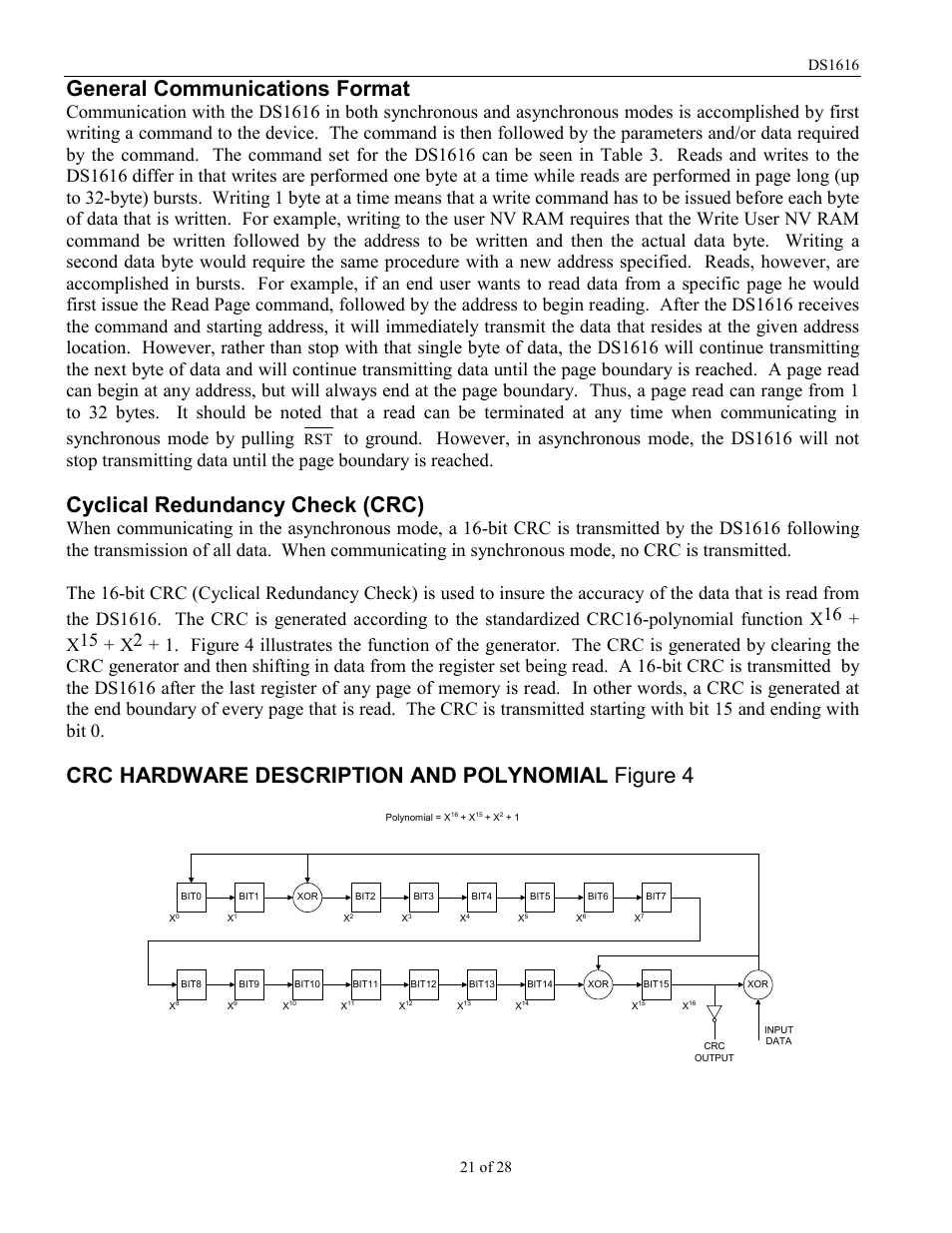 General communications format, Cyclical redundancy check (crc), Crc hardware description and polynomial figure 4 | Rainbow Electronics DS1616 User Manual | Page 21 / 28