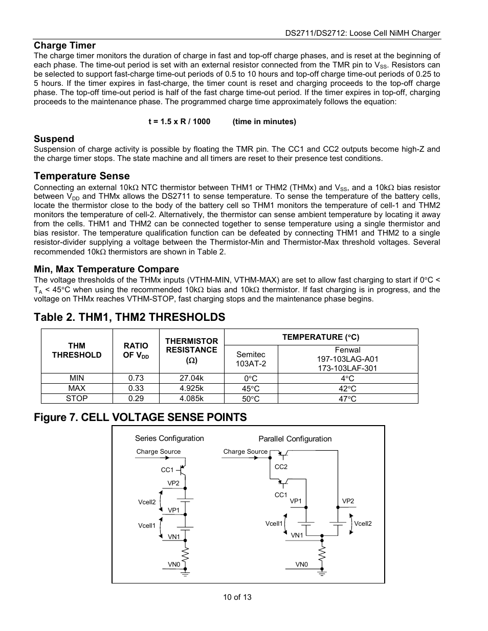 Table 2. thm1, thm2 thresholds, Figure 7. cell voltage sense points, Temperature sense | Charge timer, Suspend, Min, max temperature compare | Rainbow Electronics DS2712 User Manual | Page 10 / 13