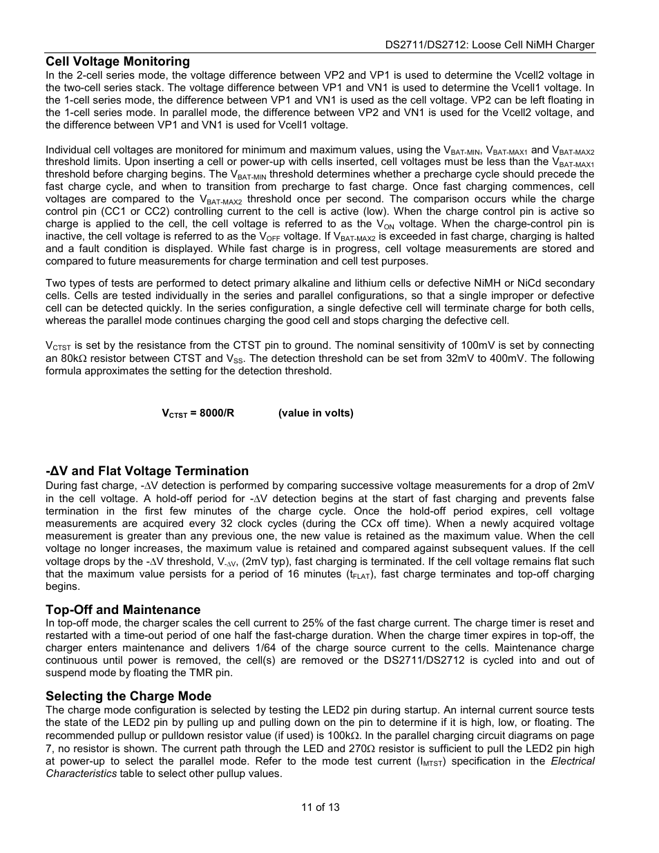 Cell voltage monitoring, V and flat voltage termination, Top-off and maintenance | Selecting the charge mode | Rainbow Electronics DS2712 User Manual | Page 11 / 13