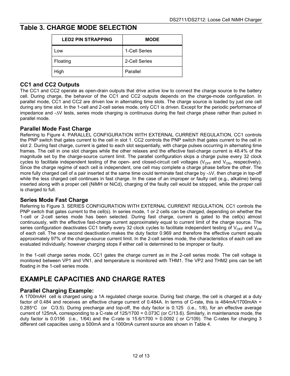 Table 3. charge mode selection, Example capacities and charge rates | Rainbow Electronics DS2712 User Manual | Page 12 / 13