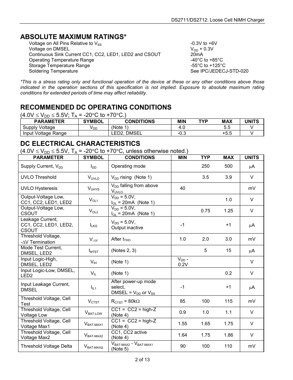 Absolute maximum ratings, Recommended dc operating conditions, Dc electrical characteristics | 0v £ v, 5v; t, 20 °c to +70°c.), 5v, t | Rainbow Electronics DS2712 User Manual | Page 2 / 13