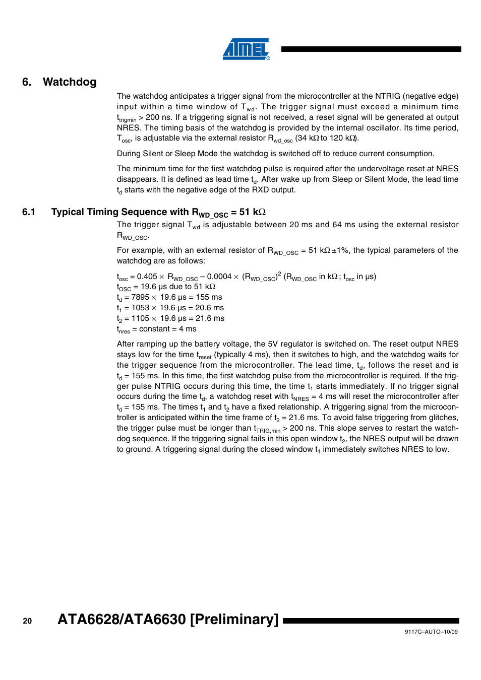 Watchdog, 1 typical timing sequence with rwd_osc = 51 kw, 1 typical timing sequence with r | 51 k ω | Rainbow Electronics ATA6630 User Manual | Page 20 / 34