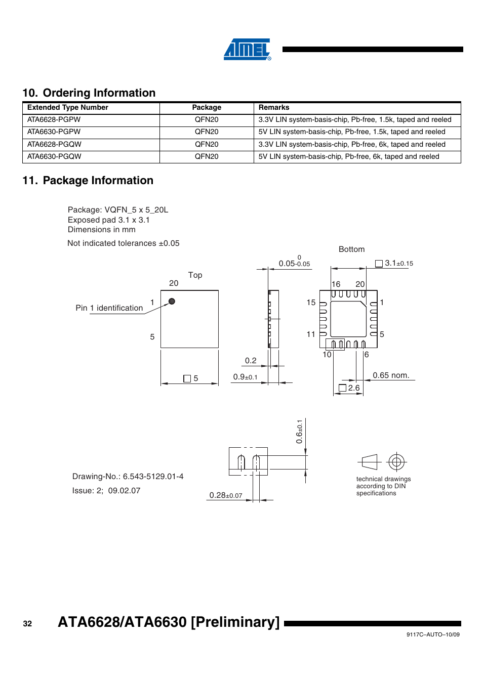 Ordering information, Package information, Package information 10. ordering information | Rainbow Electronics ATA6630 User Manual | Page 32 / 34