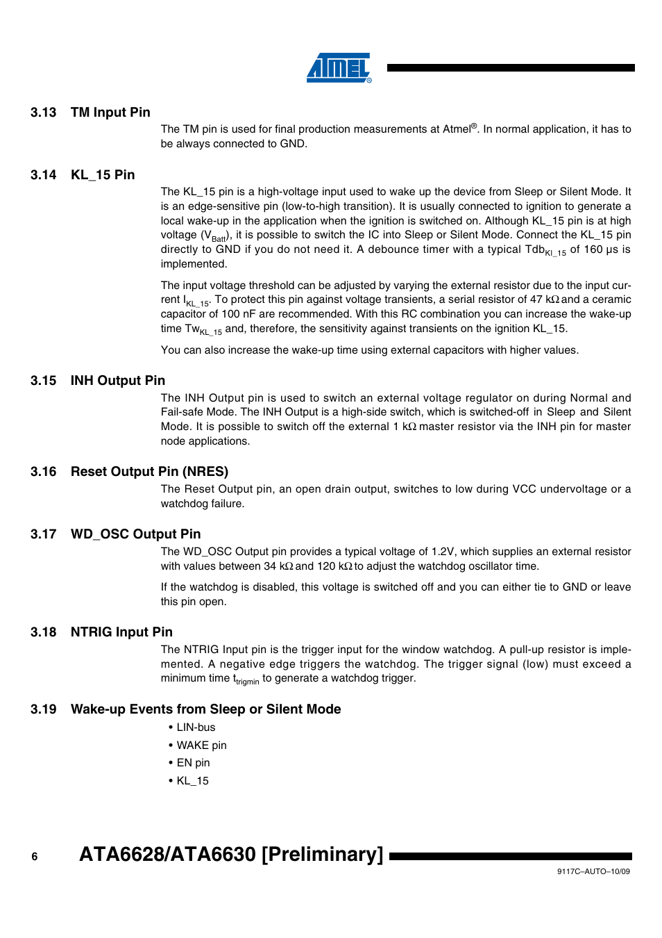 13 tm input pin, 14 kl_15 pin, 15 inh output pin | 16 reset output pin (nres), 17 wd_osc output pin, 18 ntrig input pin, 19 wake-up events from sleep or silent mode | Rainbow Electronics ATA6630 User Manual | Page 6 / 34