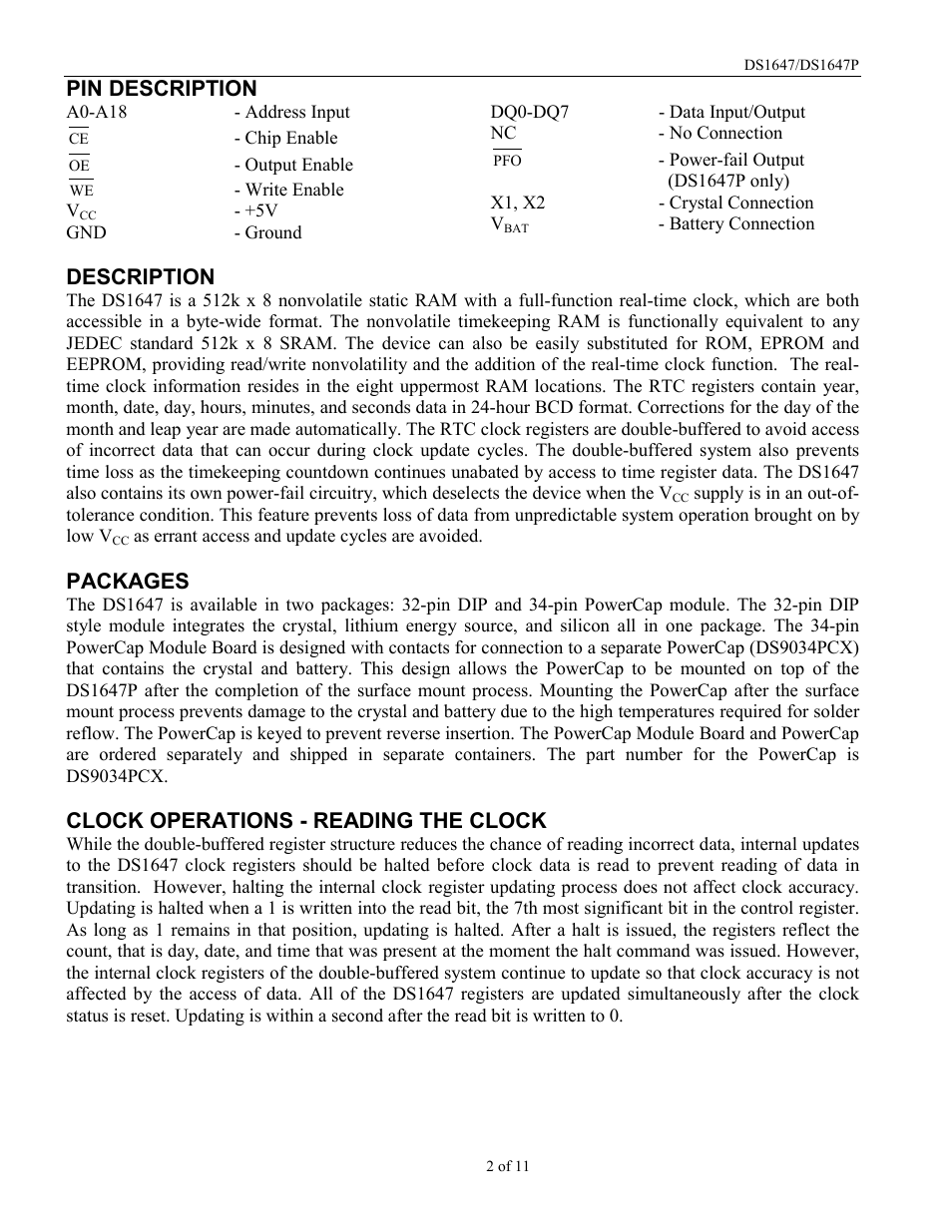 Pin description, Description, Packages | Clock operations - reading the clock | Rainbow Electronics DS1647P User Manual | Page 2 / 11