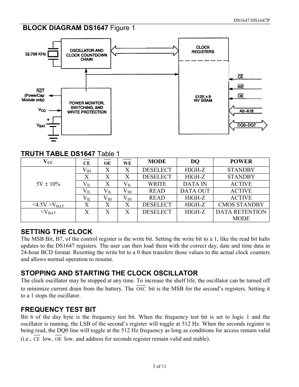 Setting the clock, Stopping and starting the clock oscillator, Frequency test bit | Rainbow Electronics DS1647P User Manual | Page 3 / 11