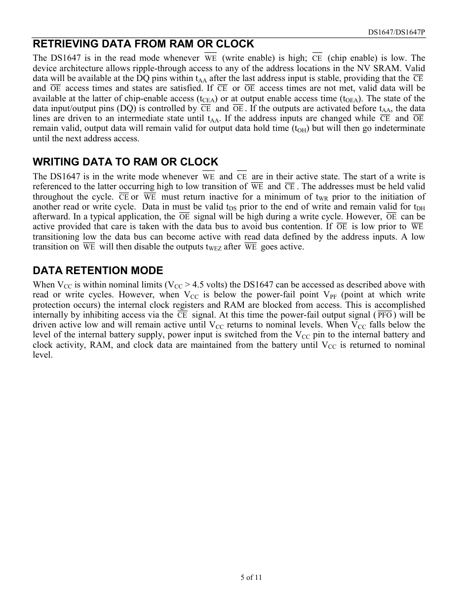 Retrieving data from ram or clock, Writing data to ram or clock, Data retention mode | Rainbow Electronics DS1647P User Manual | Page 5 / 11