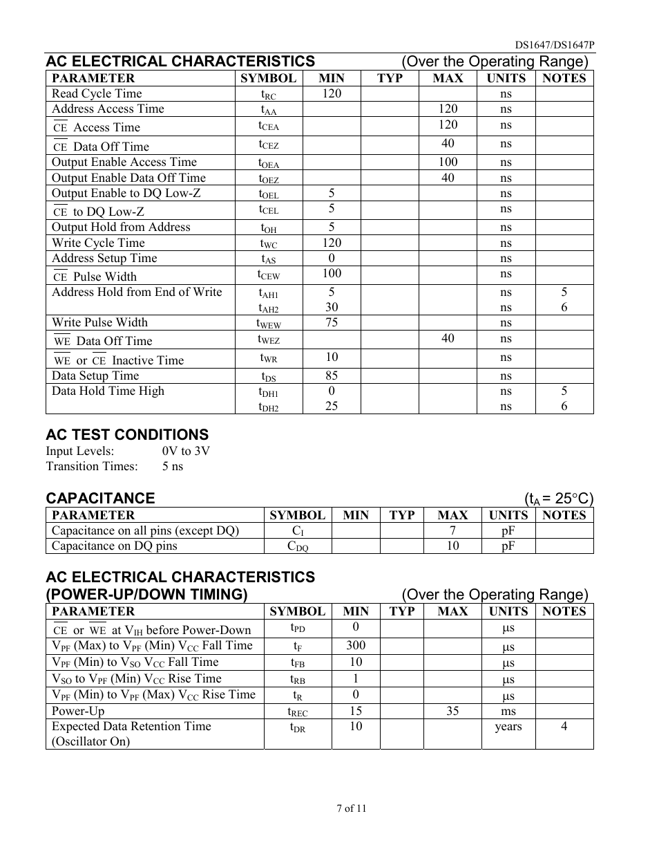 Ac test conditions, Capacitance (t, 25 °c) | Rainbow Electronics DS1647P User Manual | Page 7 / 11