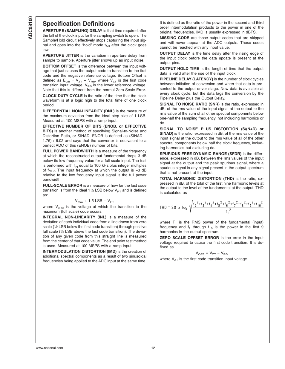 Specification definitions | Rainbow Electronics ADC08100 User Manual | Page 12 / 19