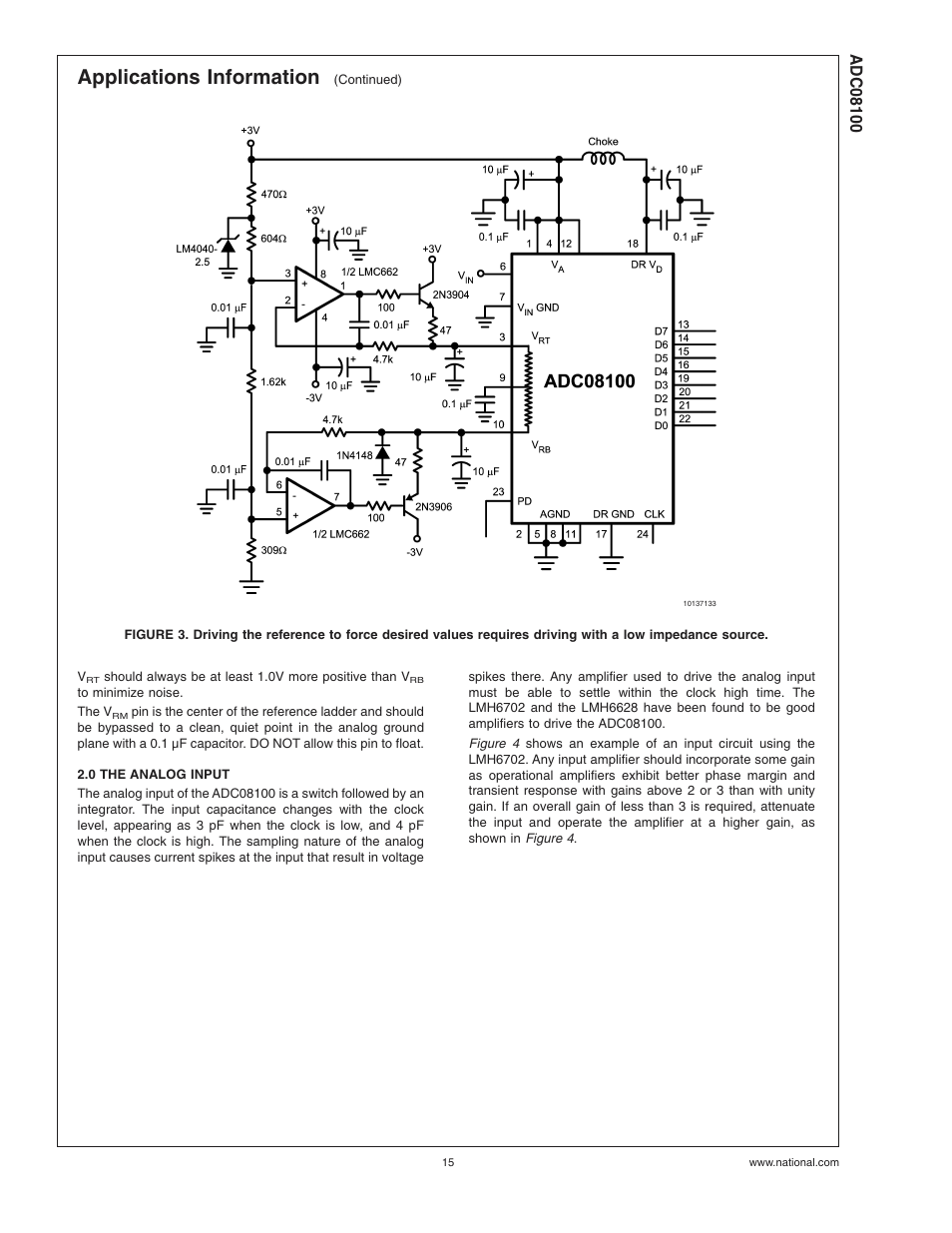 0 the analog input, Applications information | Rainbow Electronics ADC08100 User Manual | Page 15 / 19