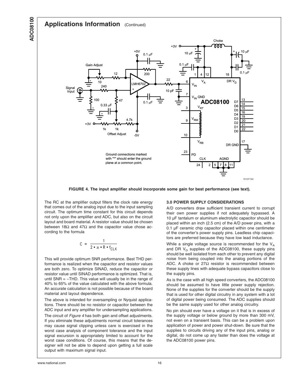 0 power supply considerations, Applications information | Rainbow Electronics ADC08100 User Manual | Page 16 / 19