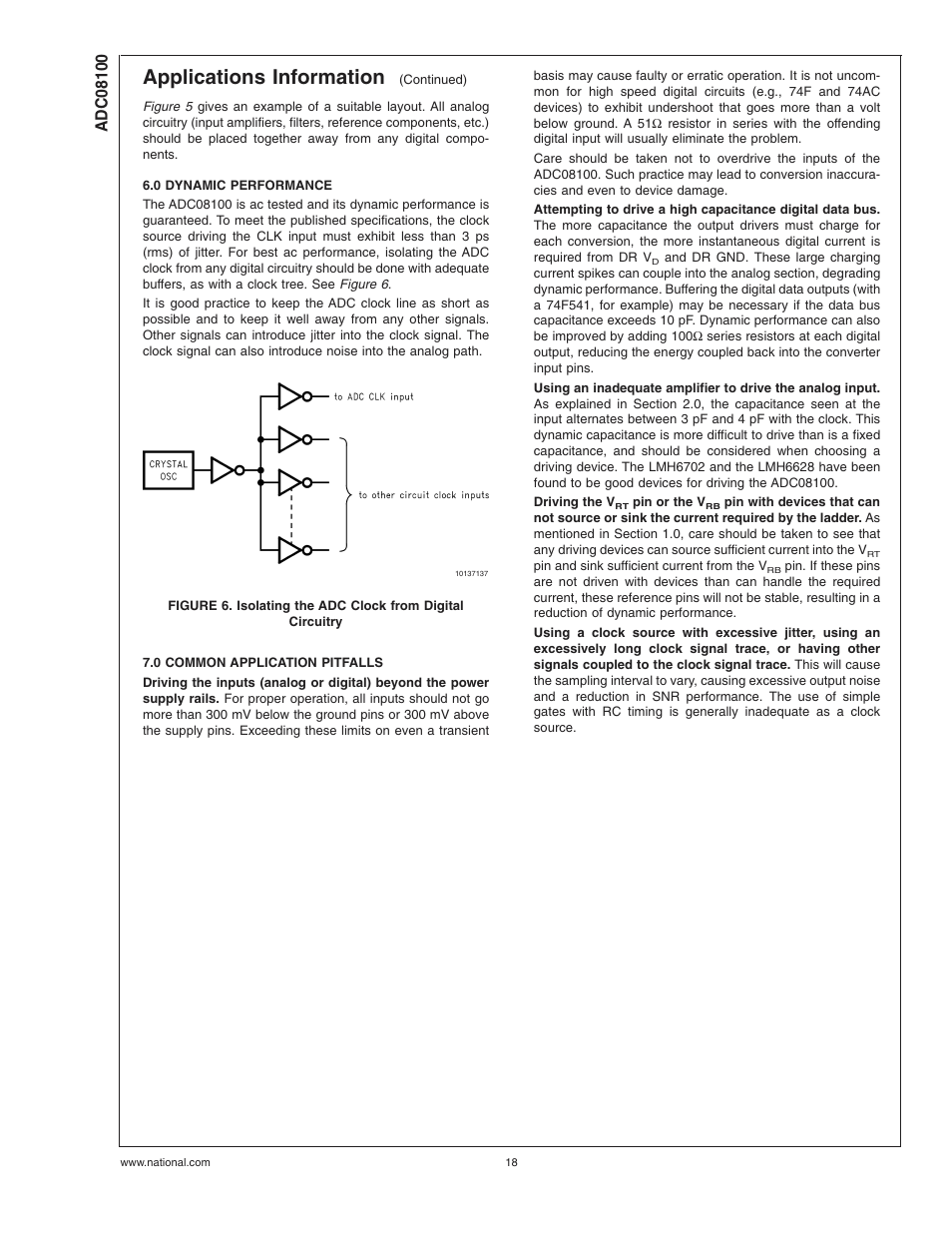 0 dynamic performance, 0 common application pitfalls, Applications information | Rainbow Electronics ADC08100 User Manual | Page 18 / 19