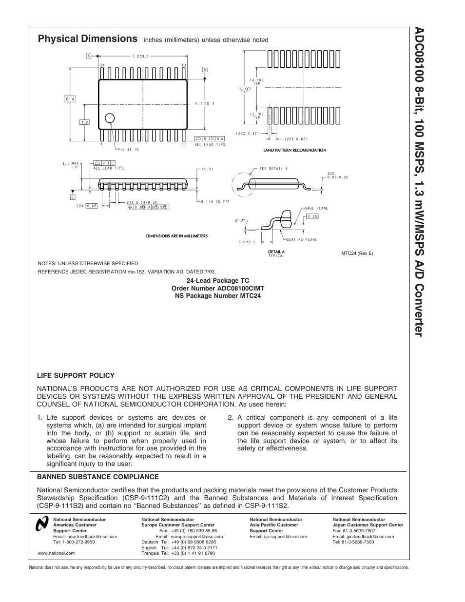 Physical dimensions | Rainbow Electronics ADC08100 User Manual | Page 19 / 19