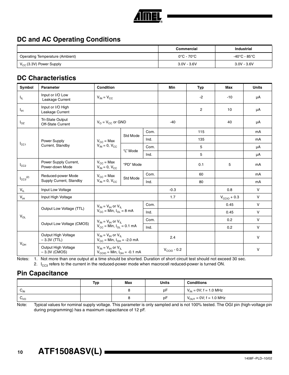 Dc and ac operating conditions, Dc characteristics, Pin capacitance | Atf1508asv(l) | Rainbow Electronics ATF1508ASVL User Manual | Page 10 / 23