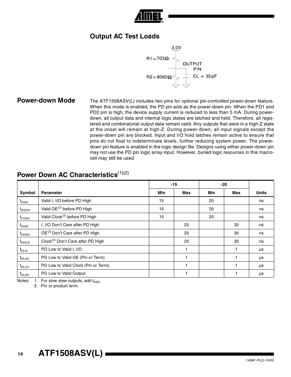 Output ac test loads, Power-down mode, Power down ac characteristics(1)(2) | Atf1508asv(l), Output ac test loads power-down mode, Power down ac characteristic s | Rainbow Electronics ATF1508ASVL User Manual | Page 14 / 23
