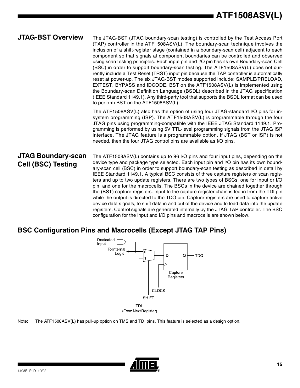 Jtag-bst overview, Jtag boundary-scan cell (bsc) testing, Atf1508asv(l) | Rainbow Electronics ATF1508ASVL User Manual | Page 15 / 23