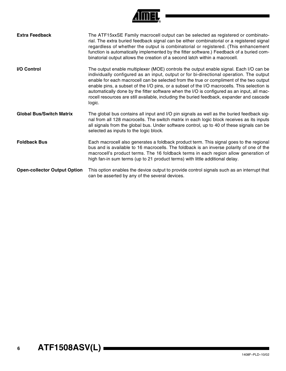 Extra feedback, I/o control, Global bus/switch matrix | Foldback bus, Open-collector output option, Atf1508asv(l) | Rainbow Electronics ATF1508ASVL User Manual | Page 6 / 23