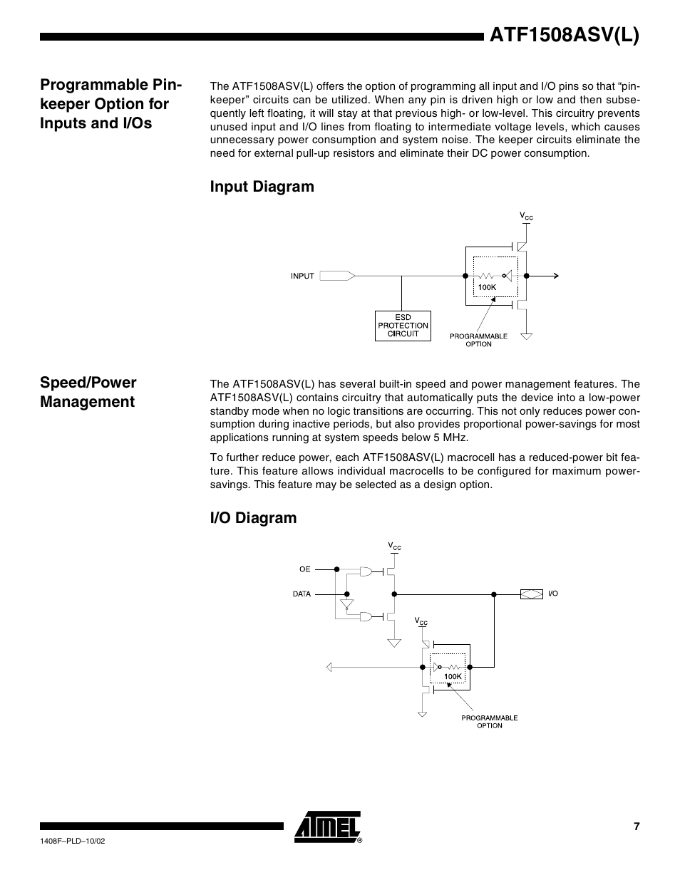 Input diagram, Speed/power management, I/o diagram | Atf1508asv(l) | Rainbow Electronics ATF1508ASVL User Manual | Page 7 / 23