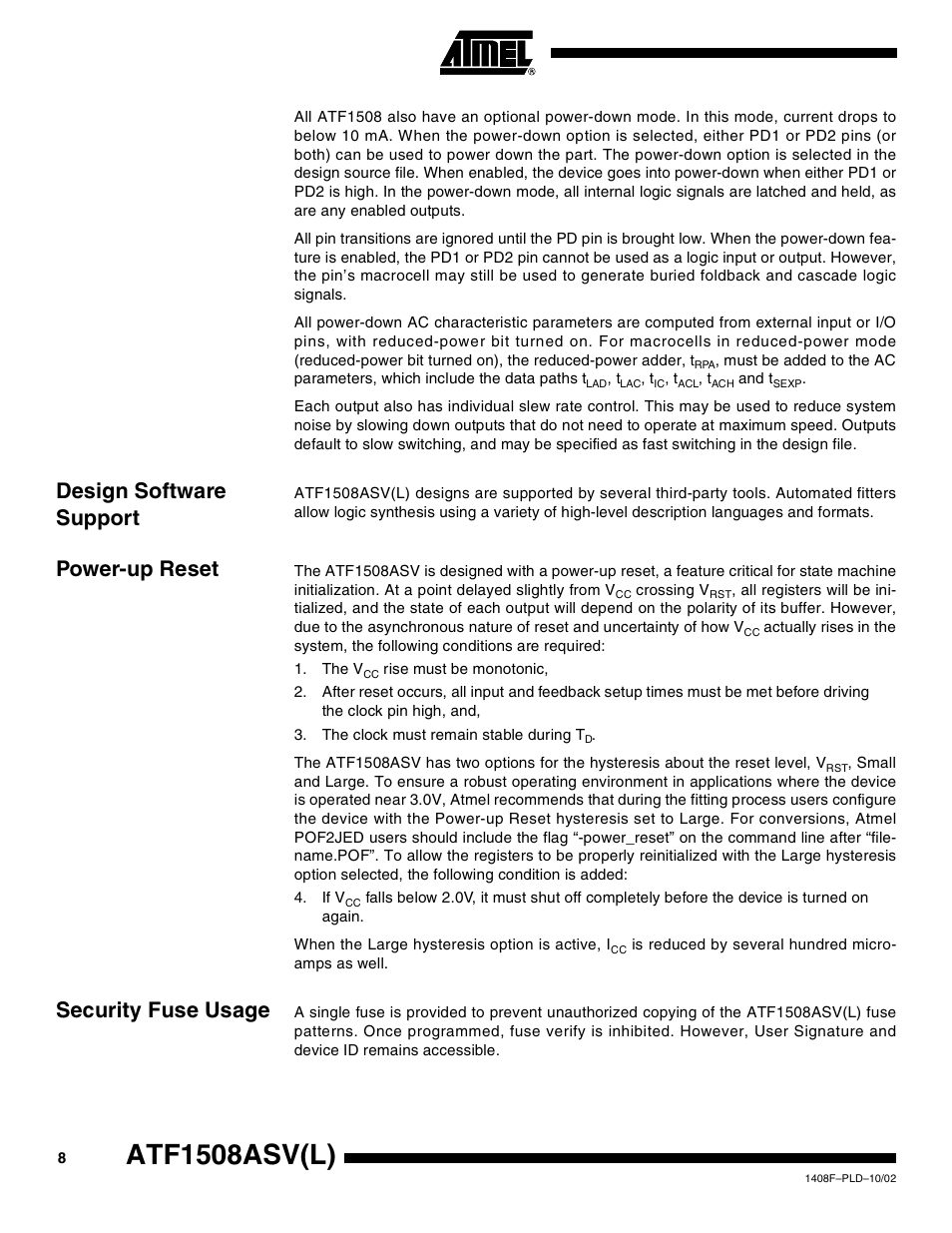 Design software support, Power-up reset, Security fuse usage | Atf1508asv(l) | Rainbow Electronics ATF1508ASVL User Manual | Page 8 / 23