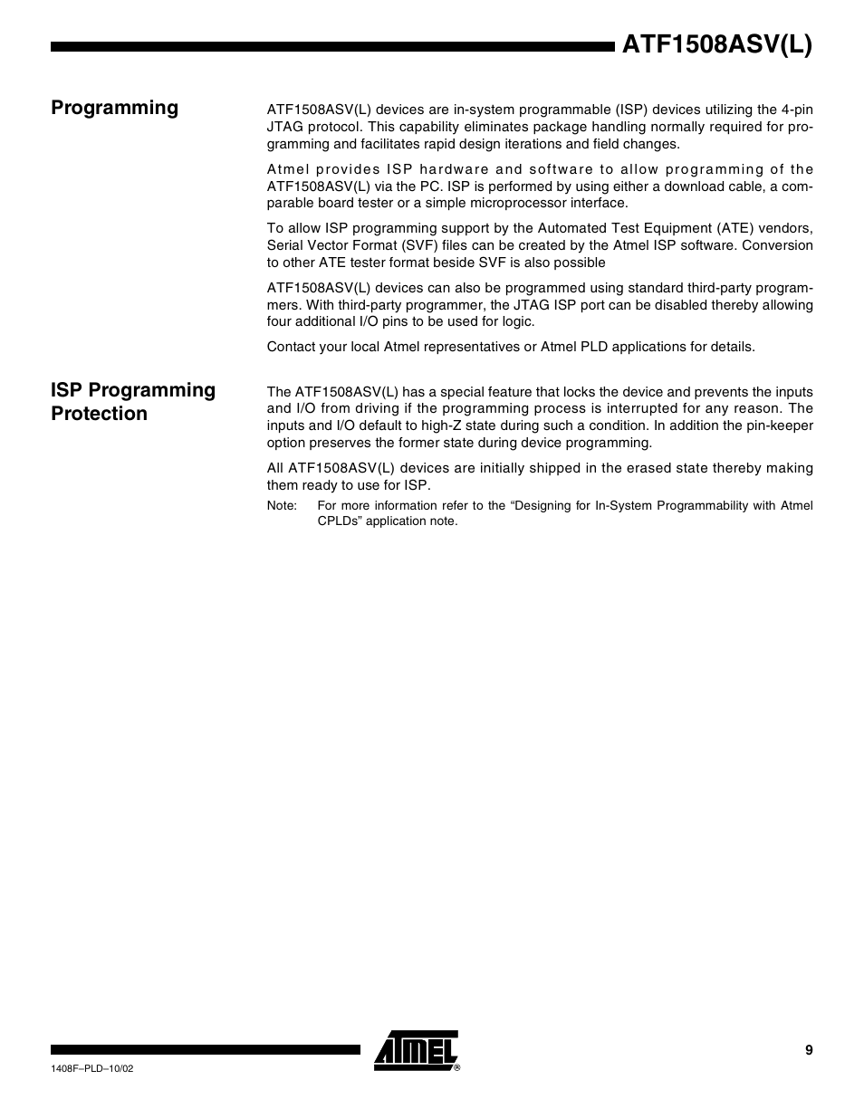 Programming, Isp programming protection, Atf1508asv(l) | Rainbow Electronics ATF1508ASVL User Manual | Page 9 / 23