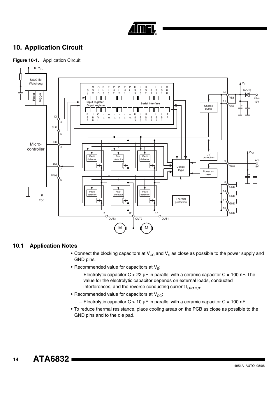 Ata6832, Application circuit, Figure 10-1. application circuit | Connect the blocking capacitors at v, And v, Recommended value for capacitors at v, Micro- controller m m | Rainbow Electronics ATA6832 User Manual | Page 14 / 16