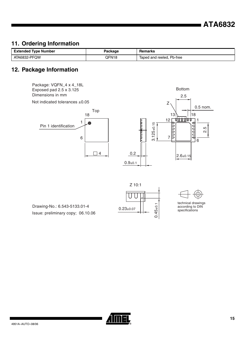 Ata6832, Package information 11. ordering information | Rainbow Electronics ATA6832 User Manual | Page 15 / 16