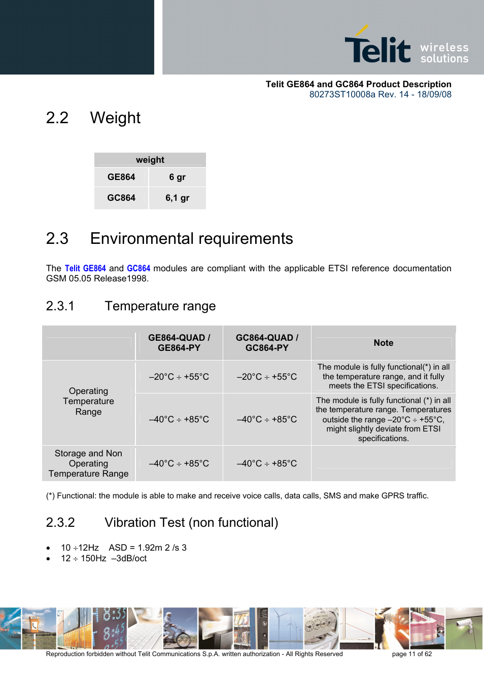 2 weight, 3 environmental requirements, 1 temperature range | 2 vibration test (non functional) | Rainbow Electronics GC864-PY User Manual | Page 11 / 62