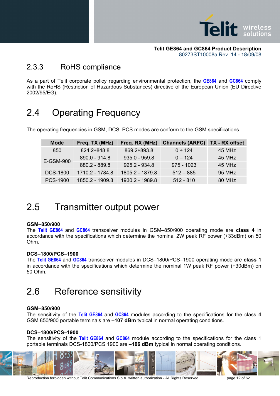 3 rohs compliance, 4 operating frequency, 5 transmitter output power | 6 reference sensitivity | Rainbow Electronics GC864-PY User Manual | Page 12 / 62