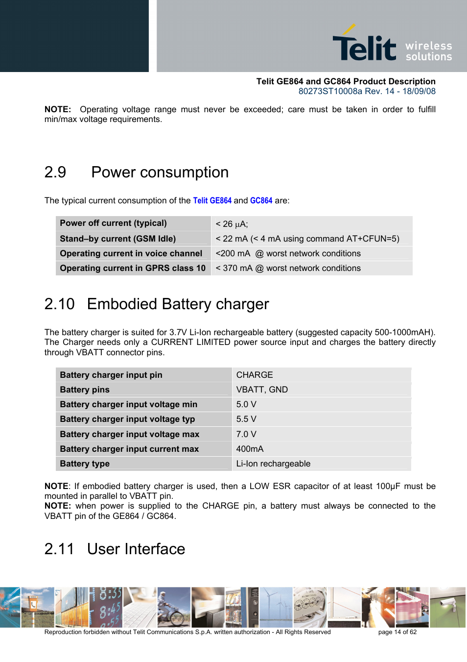 9 power consumption, 10 embodied battery charger, 11 user interface | Rainbow Electronics GC864-PY User Manual | Page 14 / 62